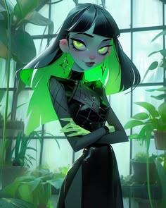 a cartoon girl with green eyes and black hair standing in front of plants, looking at the camera