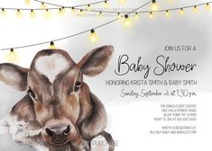 Watercolour cow baby shower invitation with gray watercolour texture background and string lights across the top. Customized baby shower information is along the right side of the invitation. Farm Baby Shower Invitations, Gray Watercolor Background, Farm Baby Shower Theme, Cow Baby Shower Theme, Spring Baby Shower Invitations, Baby Shower Themes Neutral, Baby Boy Invitations