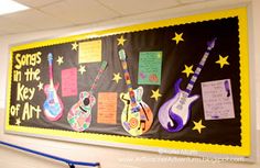 a bulletin board with guitars on it and writing in the background that says songs in the key of art