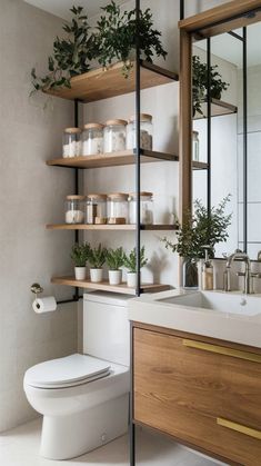 a white toilet sitting next to a wooden shelf filled with potted plants on top of it