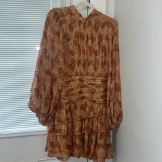 Anthropologie Long Sleeve Open Back Mini Dress - Perfect Fall Long Sleeve Dress With Ruffles On The Bottom. Never Worn Elegant Orange Floral Print Mini Dress, Long Sleeve Dresses Fall, Open Back, Anthropologie Dress, Size 12, Ruffles, Anthropologie, Long Sleeve Dress, Mini Dress