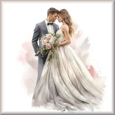 a watercolor painting of a bride and groom holding each other's bouquets