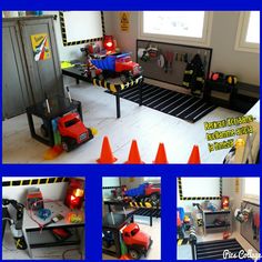 a series of photos showing the inside of a playroom with toys and construction equipment