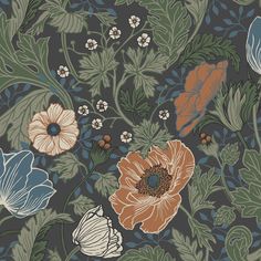 an image of a floral wallpaper with many flowers and leaves on the background,