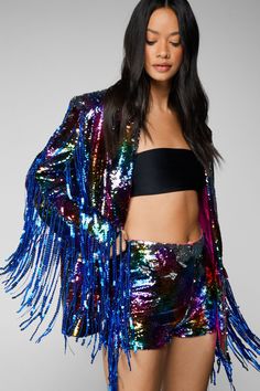 We caught you looking at our Rainbow Fringe Sequin Shorts. Click this way to shop your new favorite. Best dressed- secured. Festival Looks 2024, Disco Outfit 70s, 70s Fashion Disco, Rainbow Fringe, Silver Outfits, Taylor Outfits, Statement Heels, Music Making, Disco Fashion