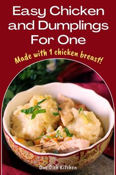 the cover of easy chicken and dumplings for one made with 1 chicken breasty