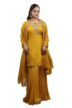 Yellow kurta featuring floral zari, thread and dabka hand embroidery with scallop hem. Paired with a solid palazzo and a scallop embroidered hem dupatta. - Aza Fashions Elegant Yellow Georgette Unstitched Suit, Elegant Yellow Chinon Kurta, Yellow Unstitched Suit With Sheer Dupatta, Yellow Georgette Kurta With Dori Work, Elegant Yellow Georgette Traditional Wear, Yellow Kurta, Kurta Palazzo Set, Yellow Flats, Embroidered Hem