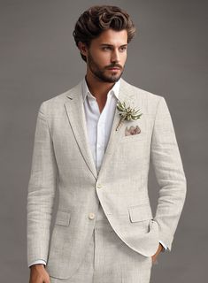 The classy informality of the Italian Meadow Linen jacket will draw attention to your impeccable taste. Crafted from pure linen, this jacket is a fresh and go-to color for summer/spring. Wear it with a matching waistcoat and trousers, a white cotton shirt and tan brogue shoes.    Look Includes   Italian Meadow Linen Fabric  Two Button Jacket Style  Notch Lapel   Corozo   Beige  Buttons  Single Vent   Three Cuff Buttons    Click 'Customize Now' to modify the look if needed.     Lining: Viscose; D Linen Suit Men, Mens Linen Suit, Linen Suits For Men, Tan Brogues, Summer Wedding Suits, Summer Suits Men, White Linen Suit, White Cotton Shirt