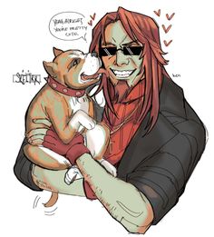 a drawing of a man holding a dog with long red hair and sunglasses on his face