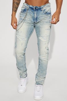 Available In Vintage Blue Wash. Stacked Skinny Fit Stretch Denim Button Closure Zip Fly 5 Pocket Body Ripped And Repair Detail Chain With Bandana Detail Disclaimer: Due To The Specialized Wash & Distressing Process, Each Garment Is Unique. 88% Cotton 10% Polyester 2% Spandex Imported | Mens Rolling With It Stacked Skinny Jeans in Vintage Blue size 30 by Fashion Nova Fitted Distressed Blue Bottoms, Swim Shorts, Denim Fashion, Jeans Pants, Stretch Denim, Clothes For Sale, Everyday Essentials Products, Fashion Nova, Mens Jeans