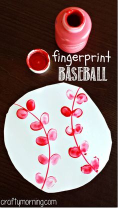 fingerprint baseball craft for kids with pink flowers and red paint on the paper plate