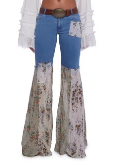 Current Mood Boho Crinkle Floral Patchwork Denim Flare Pants - Blue Denim Flare Pants, Current Mood Clothing, Boho Denim, Floral Patchwork, All Jeans, Pride Outfit, Mode Boho, Upcycle Jeans, Boho Pants