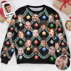 an ugly sweater with the faces of many people on it and a christmas ornament