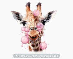 a giraffe with pink bubbles on its face