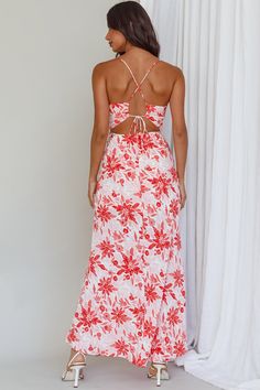 Red, floral maxi dress Lined Strappy, tie-up back Cowl neckline Zipper in back We are head over heels for our chic Janaina maxi dress. Featuring a cowl neck and a strappy back. It's perfect for sunset happy hours with your besties. Team it with strappy, white heels and hoop earrings for an on-trend look we are loving. MODEL INFO Model is wearing size XS Height: 5'7" Bust: 31.5" Waist: 23.5" Hips: 30" SIZE INFO Flat garment measurements This was manually measured from the actual garment Sizing ma Red Floral Maxi Dress, Maxi Dress Floral, Yellow Bridesmaids, Red Bridesmaids, Happy Hours, Blue Bridesmaids, White Heels, Iron Material, Clothing Tags