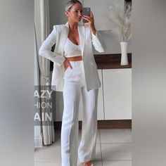 Zara 100% Quality Linen Fill Pants Suit Chic Office Trousers Set, Elegant Office Wear Sets With Wide-leg Pants, Elegant Office Sets With Wide-leg Pants, Elegant Linen Pantsuit For Formal Occasions, Elegant Linen Pantsuit For Formal Events, Elegant Tailored Sets With Wide-leg Pants, Elegant Fitted Linen Pantsuit, Elegant Summer Sets With High-waisted Pants, Elegant White Long Pants Set