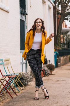 Adding Vibrant Colors & Patterns to Your Closet for Spring 2018 richmond blogger | richmond fashion blogger | rva | garnett's cafe | #rva | yellow blazer | polka dot pants | mixing pattern and color | forever 21 | affordable fashion | spring style | street style | bright clothing | vibrant colors and patterns | creative clothing | outfit ideas | tall girl style | girl with glasses | #springstyle Outfit Polkadot Pants, Dotted Pants Outfit, Polka Dots Pants Outfit, Pattern Pants Outfit, Patterned Pants Outfit, Tall Girl Style, Bright Clothing, Girl With Glasses