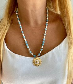 Unique handmade genuine aquamarine beads and mother of pearl necklace. Bohemian long beaded gemstone necklace.  ☀️Dimension: 56 cm / 20 inches +4 cm : 1,6 inches extention chain If you do not want an extension chain or need additional extension chain, please inform me. 🌈Materials:Aquamarine, Mother of Pearl ,14k gold plated 🔴 30% Discount for 2 items use the code: 2ITEMS30 🔴 35% Discount for 3 or more items use the code: MOREITEM35 Visit my shop for all designs: https://www.etsy.com/shop/Merv Handmade Blue Amazonite Beaded Necklaces, Light Blue Gemstone Beaded Necklace Gift, Light Blue Gemstone Beads Necklace For Gift, Blue Gemstone Necklace, Birthday Gift For Women, Aquamarine Necklace, Jewellery Box Making, Aquamarine Beads, Gemstone Beaded Necklace