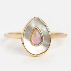 Solid Gold Opal and Mother of Pearl Organic Teardrop Ring | Local Eclectic Opal Engagement Ring Set, Natural Opal Ring, Local Eclectic, Mother Of Pearl Jewelry, Teardrop Ring, Ring Collection, Funky Jewelry, Necklace Box, Black Jewelry