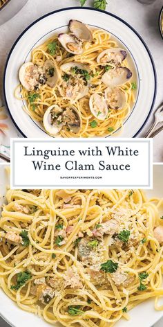 linguinne with white wine clam sauce in a bowl on top of a table