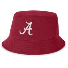 Rep your Alabama Crimson Tide fandom from head to toe with this Local Apex Bucket Hat from Nike. This stylish bucket hat offers a classic look with a wraparound brim that provides 360 degrees of coverage from the sun. Made from durable cotton twill fabric, it's built to withstand everyday wear and tear. The Alabama Crimson Tide logo is proudly embroidered on the front, while the team motto on the back adds a spirited touch. Nike Cotton Cap, Collegiate Cotton Hat With Flat Brim, Collegiate Cotton Flat Brim Hat, Collegiate Style Cotton Hat With Flat Brim, Nike Adjustable Cotton Hat, Adjustable Nike Cotton Hat, Adjustable Cotton Nike Hat, Nike Summer Cap, Nike Adjustable Spring Hats