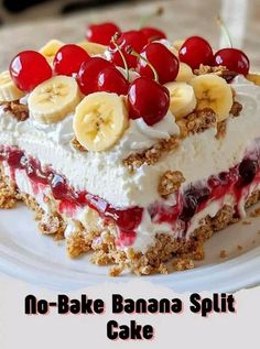 a no bake banana split cake with cherries and bananas on top, sitting on a white plate