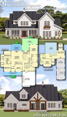 two story house plans with three car garages and an open floor plan for this home