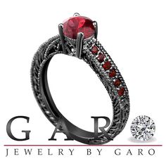 Garnet Engagement Ring Vintage Style 14K Black by JewelryByGaro Luxury Diamond Cut Ruby Ring For Wedding, Luxury Ruby Ring With Diamond Cut For Wedding, Black Ruby Anniversary Ring, Formal Black Ruby Ring, Black Ruby Ring For Anniversary, Elegant Black Ruby Ring, Black Round Ruby Ring, Round Black Ruby Ring, Black Ruby Wedding Jewelry