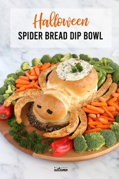 halloween spider bread dip bowl with vegetables on the side and text overlay that reads, halloween spider bread dip bowl