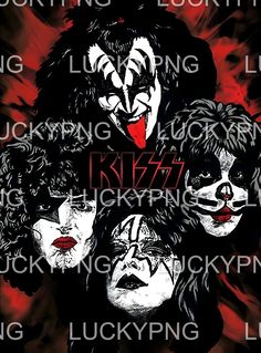 the kiss band poster is shown in red and black with words all over their face