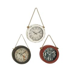 three clocks hanging from rope with numbers on them