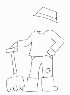 a black and white drawing of a man with a shovel