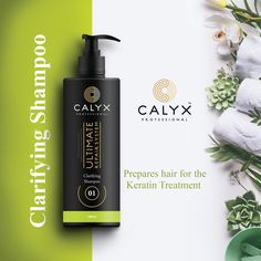 a bottle of calyx hair care product next to flowers and towels on a green and white background