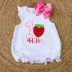 Strawberry Appliqué Birthday Shirt Pink Birthday Shirt For Summer, Pink Summer Birthday Shirt, Fun Cotton Tops For First Birthday, Cute Cotton Tops For Birthday, Summer Cotton Tops With Number Print, Cute Tops With Name Print For First Birthday, Cute Top With Name Print For First Birthday, Playful Name Print Tops For First Birthday, Playful Tops With Name Print For First Birthday