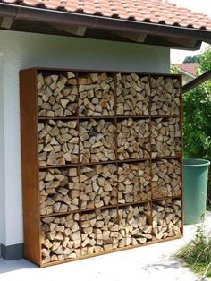 two pictures side by side one with firewood stacked on it