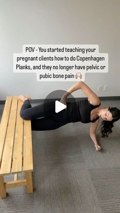 a woman in black shirt doing yoga on wooden bench with text overlay that reads pov - you started teaching your pregnant citizens how to do