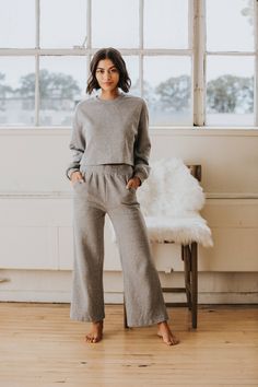 Details-Knit sweat top and wide leg pants lounge set-65% cotton, 35% polyester Size + Fit - Top-Bust: 46", Length: 18.5" -Measurements taken from a size Small -Model is 5'7 and wearing a size Small Size + Fit - Shorts-Waist: 26", Inseam: 26.5" -Measurements taken from a size Small -Model is 5'7 and wearing a size Small See all Women's Bottoms House Clothes Comfy, Trendy Lounge Wear Outfit, Lux Loungewear, Womens Loungewear Outfits, Lounge Set Outfit, Therapist Outfit, Postpartum Outfits, Lounge Wear Stylish, Loungewear Capsule