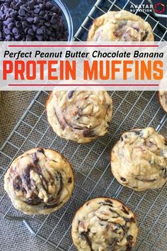 chocolate banana protein muffins on a cooling rack with text overlay that reads, perfect peanut butter chocolate banana protein muffins