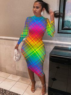 Material:Made of 71-80% polyester & spandex. Soft breathable and elastic fabric, sexy to wear.Features:Long sleeve, tie-dye, mock neck, Casual, printed, grid print, colorful, midi dress. Colorful Midi Dress, Dress Elegant Long, Pattern Dress Women, Grid Print, Womens Fall Dress, Mock Neck Dress, Rainbow Dress, Girls Cartoon, Clubwear Dresses