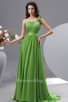 Graceful Floral One-Shoulder Chiffon A-Line Gown Has Crystal Details - Dorris Wedding Simple Evening Gown, Mermaid Ball Gown, Dress With Ruching, Green Evening Dress, Taffeta Dress, A Line Gown, Floor Length Dresses, Designer Gowns, Floral Chiffon