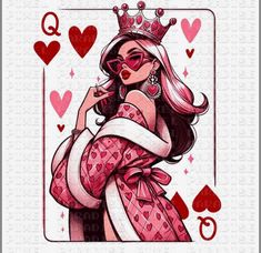 the queen of hearts card is shown in red and pink colors, with heart shaped glasses on