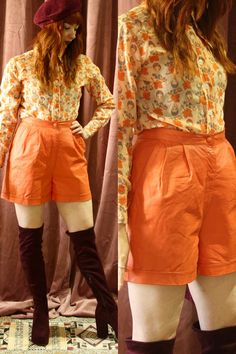 Gorgeous funky vintage leather high waisted shorts! In a beautiful orange colour, these really are a unique piece. These retro shorts are in great condition, and a lovely wardrobe addition for autumn and winter. I feel these would best fit a UK size 10, but for exact measurements please see below:  { Measurements } Waist: 28" Hips: 40" Full length: 17" Model wears a UK 8-10 and is 5'5" tall :)  { Join us on our journey } *Instagram: @ambaar.bazaar * Facebook: Ambaar Bazaar  { Care Instructions }  To keep your new wardrobe addition in beautiful condition we advise the following: * As your shorts are made with leather we advise dab cleaning only.  * BE ADVISED THIS ITEM MAY MAKE YOU FEEL FABULOUS! { Shipping }  * Uk items are shipped Royal Mail signed for  * EU and non EU items are shipped R Leather High Waisted Shorts, Retro Shorts, Orange Colour, Orange Leather, New Wardrobe, Vintage Leather, High Waisted Shorts, Short Outfits, Royal Mail