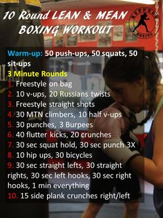 a woman with boxing gloves on her hands and the words 10 round lean & mean boxing workout