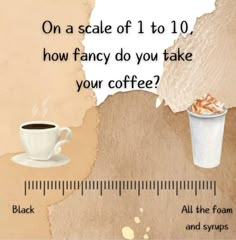 a cup of coffee next to a measuring tape with the words on a scale off 1 to 10, how fancy do you take your coffee?