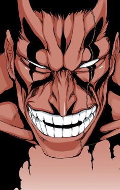 an anime character with big teeth and fangs on it's face, holding his hands behind his head