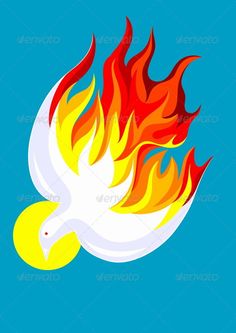 a white dove with red and yellow flames on it's wings, against a blue background