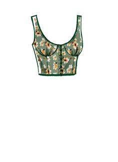 a crop top with flowers on the front and green trim around the bust, which is attached to an adjustable neckline