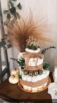 a three tiered diaper cake sitting on top of a table next to a potted plant