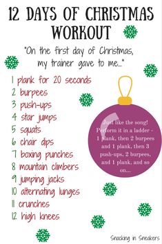 the 12 days of christmas workout is shown in purple and green, with an ornament hanging from it