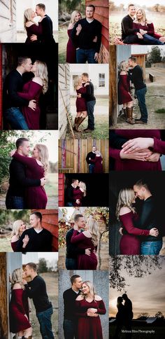 a couple hugging each other in front of a barn